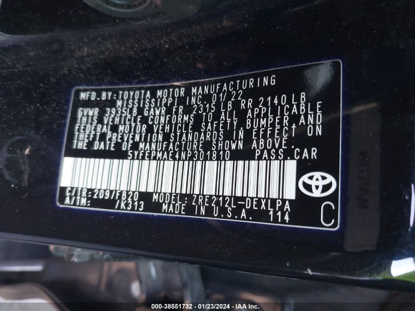 2022 TOYOTA COROLLA LE - 5YFEPMAE4NP301810