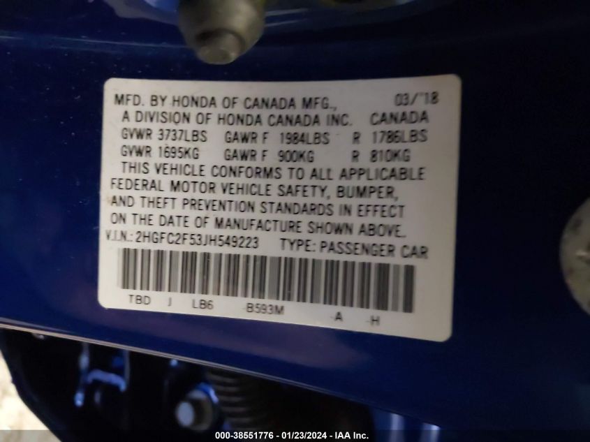 2018 HONDA CIVIC LX - 2HGFC2F53JH549223