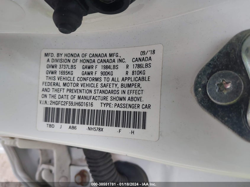 VIN 2HGFC2F59JH601616 2018 HONDA CIVIC LX