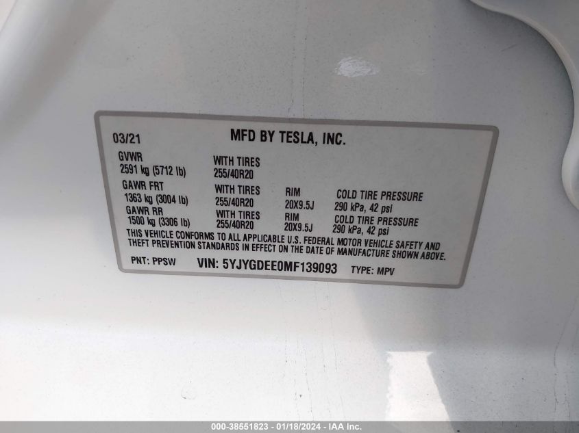 2021 TESLA MODEL Y - 5YJYGDEE0MF139093