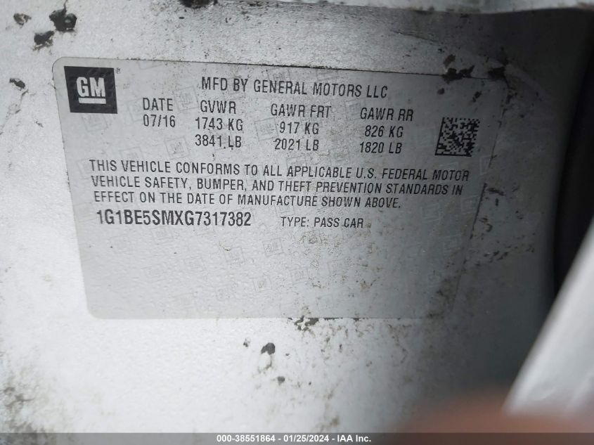 2016 CHEVROLET CRUZE LT AUTO - 1G1BE5SMXG7317382