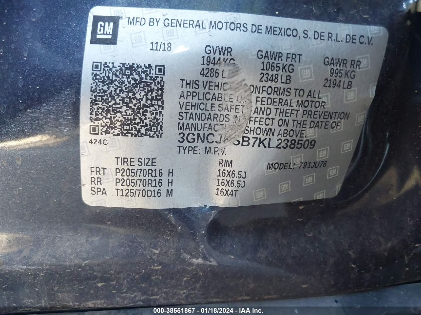 2019 CHEVROLET TRAX LS - 3GNCJKSB7KL238509