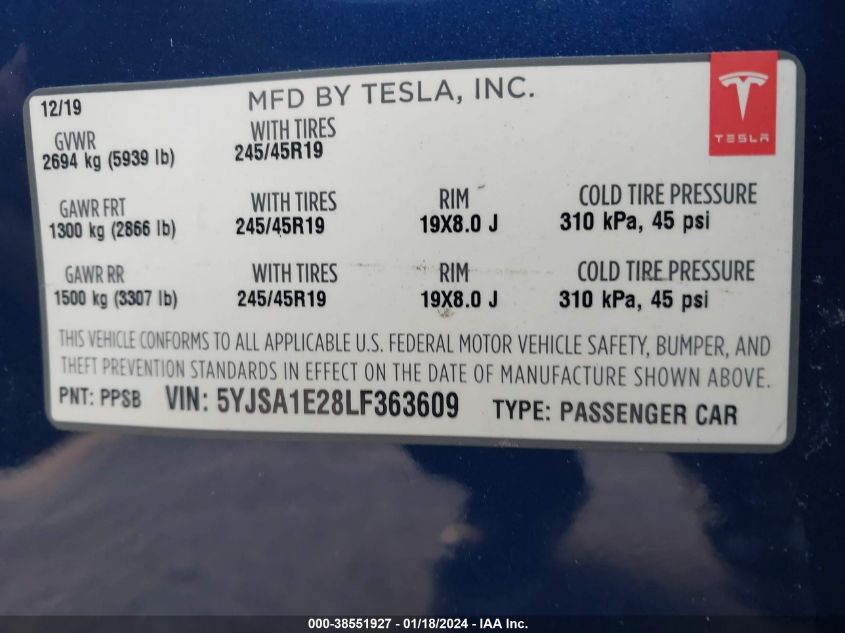 2020 TESLA MODEL S LONG RANGE DUAL MOTOR ALL-WHEEL DRIVE/LONG RANGE PLUS DUAL MOTOR ALL-WHEEL DRIVE - 5YJSA1E28LF363609