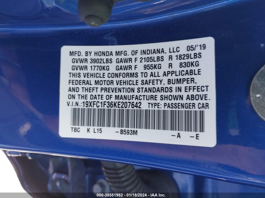 VIN 19XFC1F36KE207642 2019 HONDA CIVIC EX