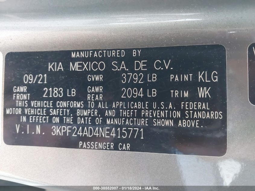 2022 KIA FORTE LXS - 3KPF24AD4NE415771