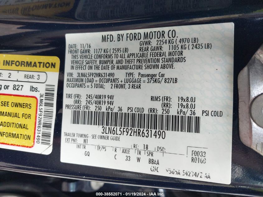 2017 LINCOLN MKZ RESERVE - 3LN6L5F92HR631490