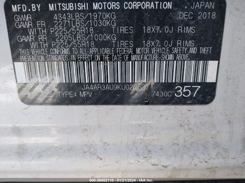 2019 MITSUBISHI OUTLANDER SPORT ES/SE/LE/SP - JA4AR3AU9KU020637