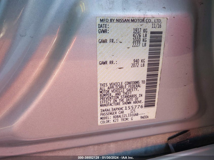 VIN 1N4AL3APXHC155776 2017 NISSAN ALTIMA 2.5 SV