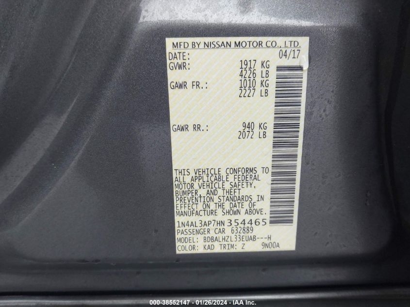 2017 NISSAN ALTIMA 2.5/S/SV/SL/SR - 1N4AL3AP7HN354465