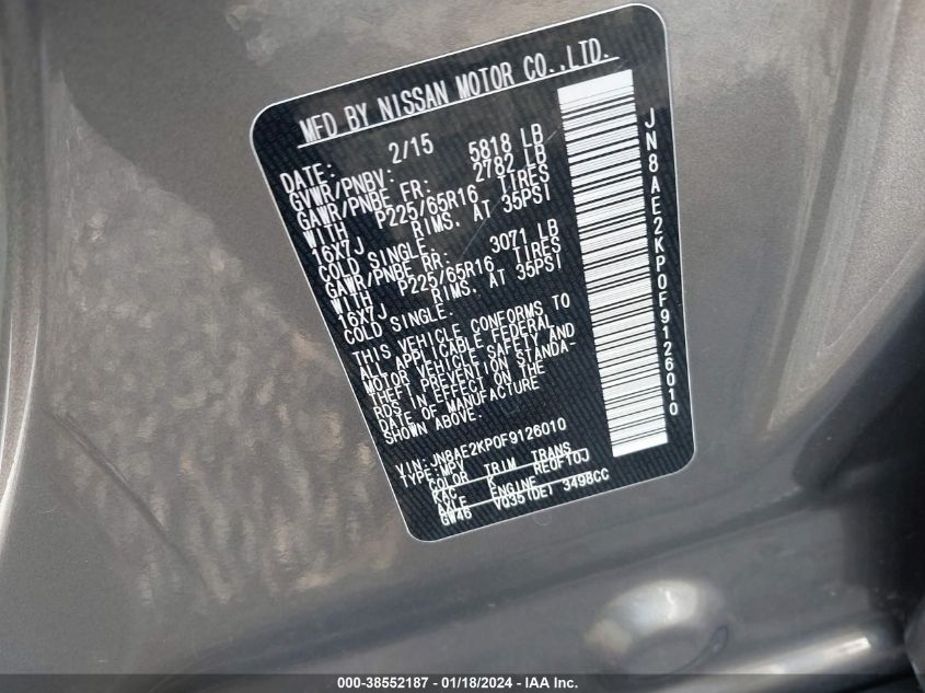 2015 NISSAN QUEST S/SV/SL/PLATINUM - JN8AE2KP0F9126010