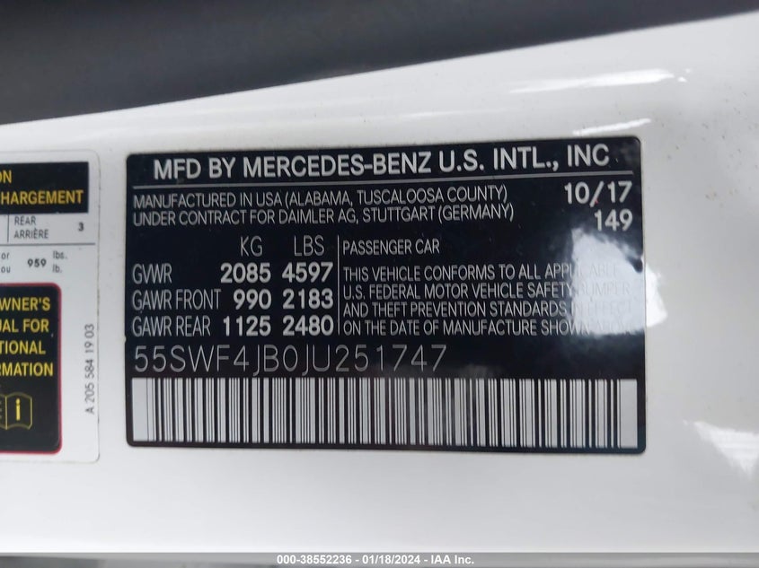 VIN 55SWF4JB0JU251747 2018 MERCEDES-BENZ C 300