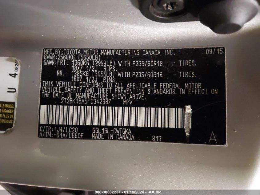 2015 LEXUS RX 350 - 2T2BK1BA5FC342987