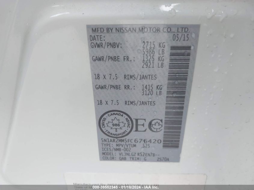2015 NISSAN PATHFINDER PLATINUM/S/SL/SV - 5N1AR2MM5FC676420