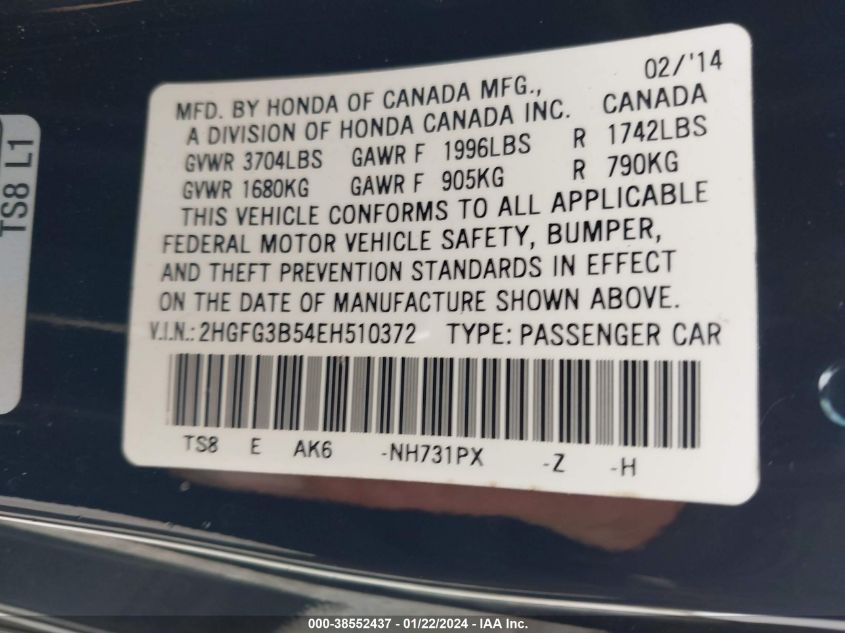 2014 HONDA CIVIC LX - 2HGFG3B54EH510372