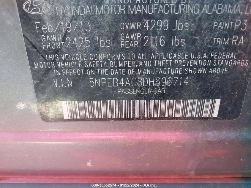 2013 HYUNDAI SONATA GLS - 5NPEB4AC8DH696714