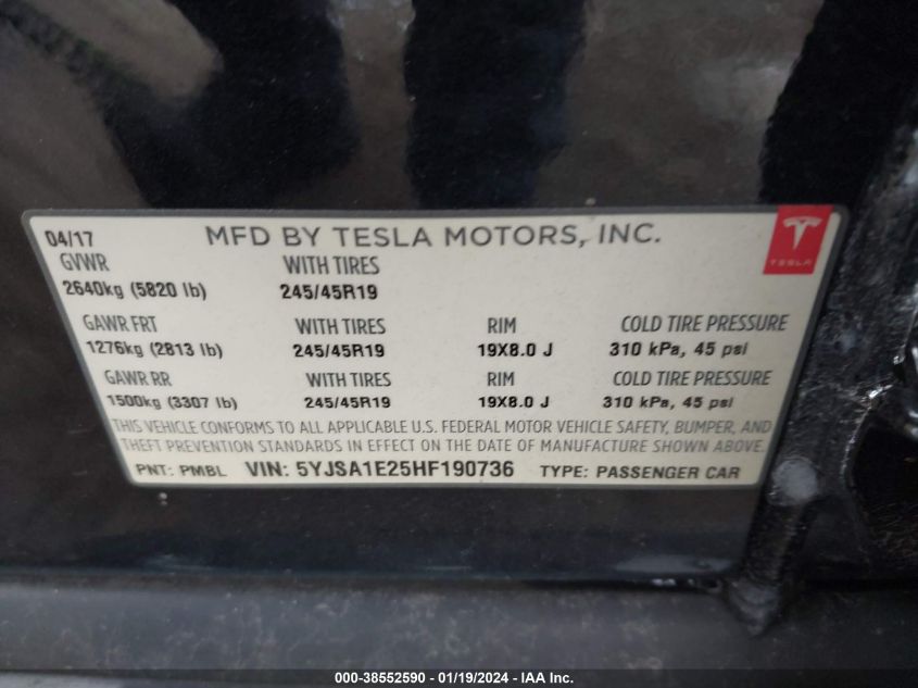 2017 TESLA MODEL S 100D/60D/75D/90D/P100D - 5YJSA1E25HF190736