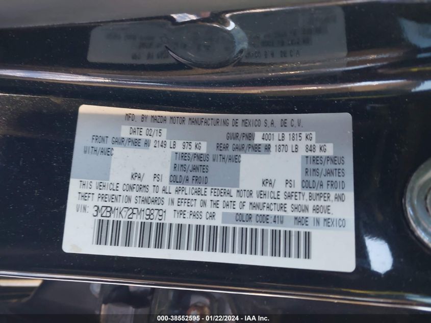 2015 MAZDA MAZDA3 I SPORT - 3MZBM1K72FM198791