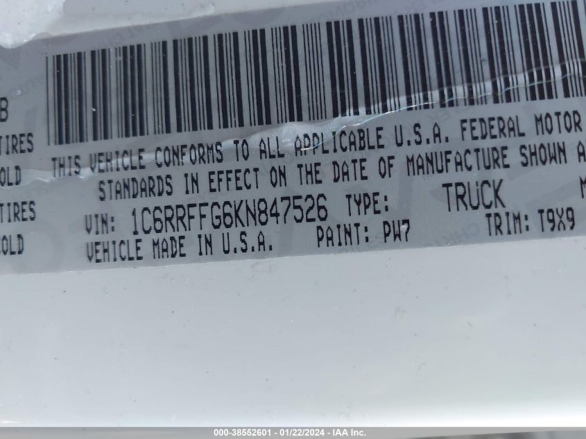 2019 RAM 1500 BIG HORN/LONE STAR - 1C6RRFFG6KN847526