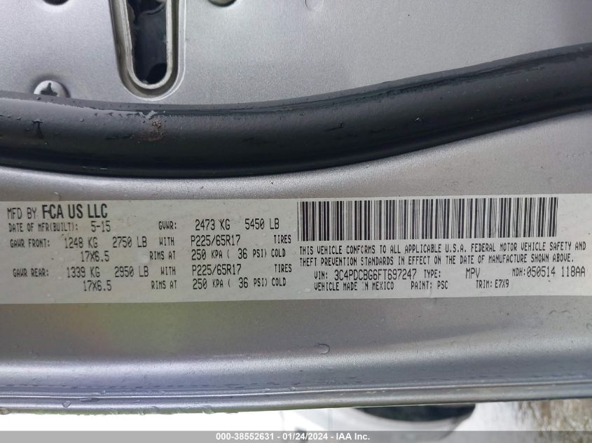 2015 DODGE JOURNEY SXT - 3C4PDCBG6FT697247