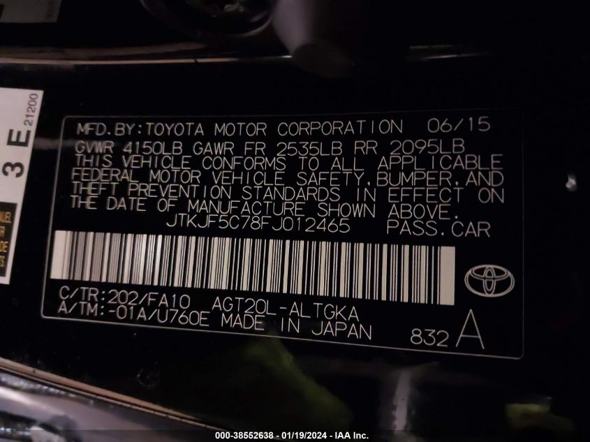 2015 TOYOTA SCION TC JTKJF5C78FJ012465