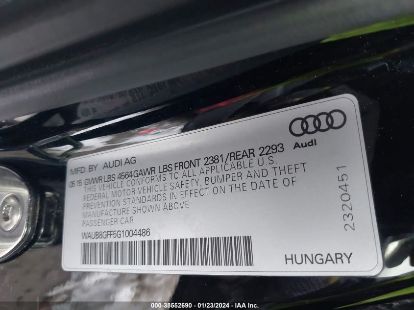 2016 AUDI A3 2.0T PREMIUM - WAUB8GFF5G1004486