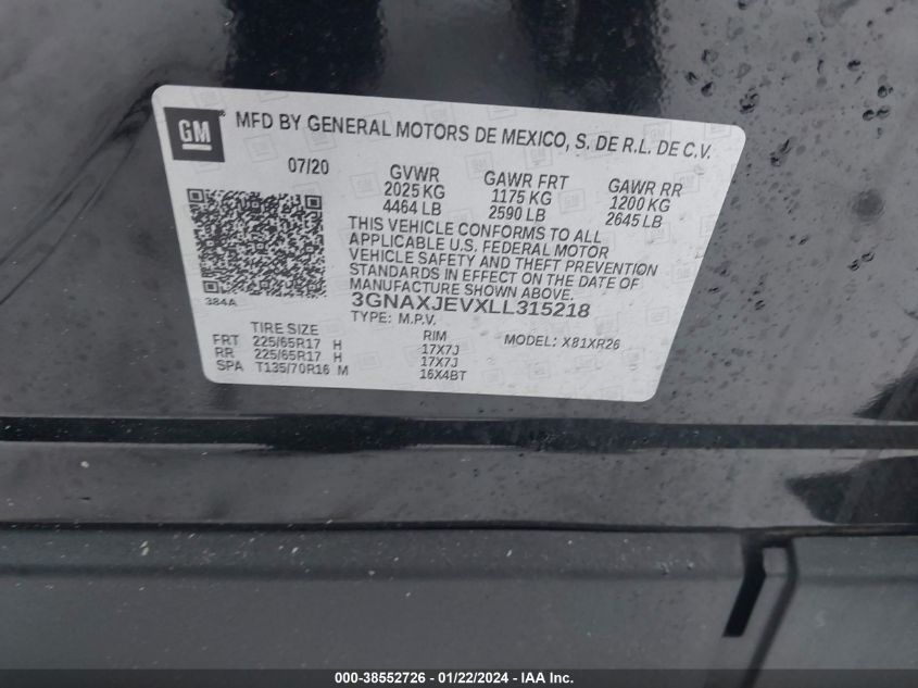 2020 CHEVROLET EQUINOX LT - 3GNAXJEVXLL315218