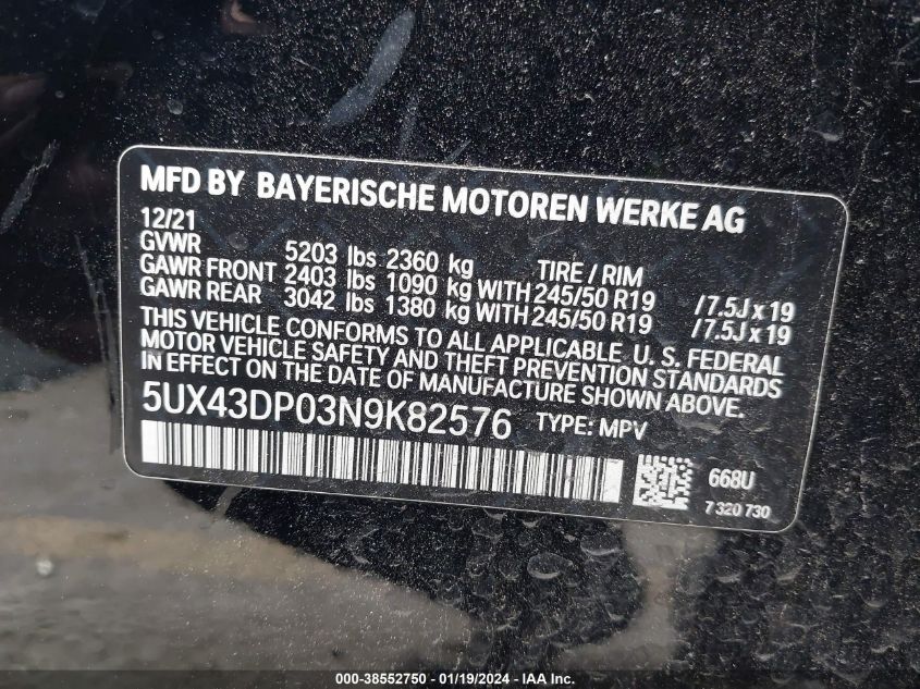 2022 BMW X3 SDRIVE30I - 5UX43DP03N9K82576