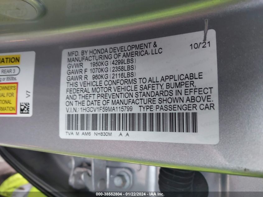 2021 HONDA ACCORD EXL - 1HGCV1F59MA115799
