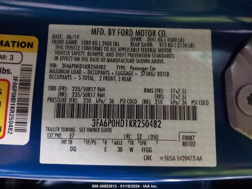 2019 FORD FUSION SE - 3FA6P0HD1KR250482