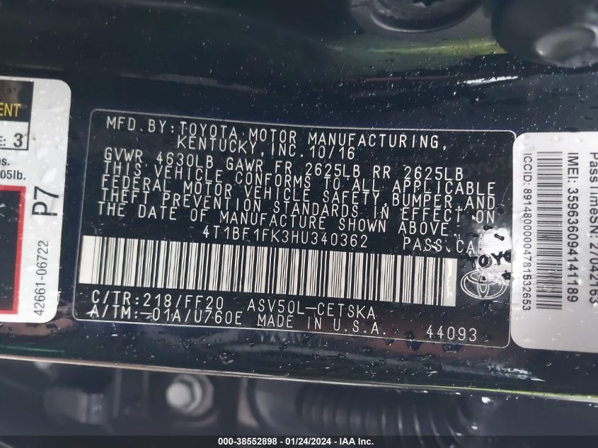 2017 TOYOTA CAMRY SE - 4T1BF1FK3HU340362