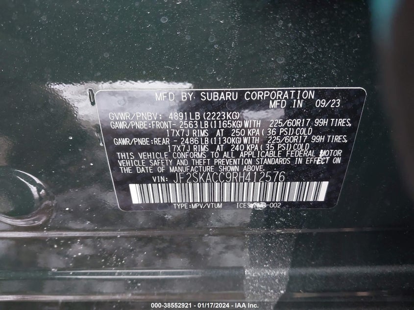 VIN JF2SKACC9RH412576 2024 SUBARU FORESTER PREMIUM