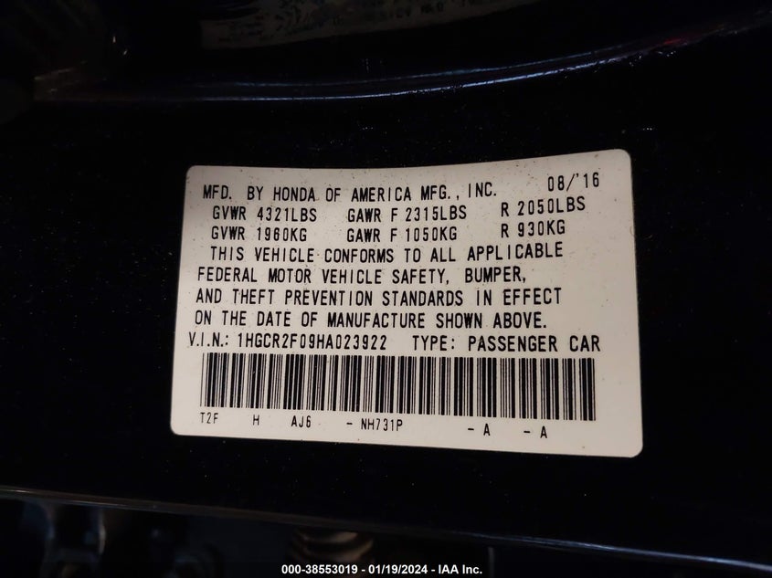 VIN 1HGCR2F09HA023922 2017 HONDA ACCORD EX
