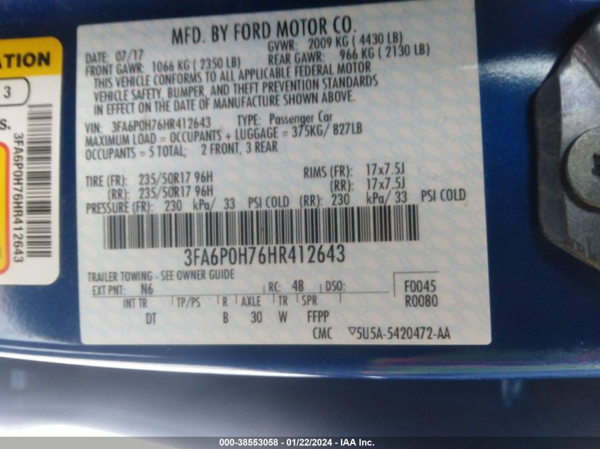 2017 FORD FUSION SE - 3FA6P0H76HR412643