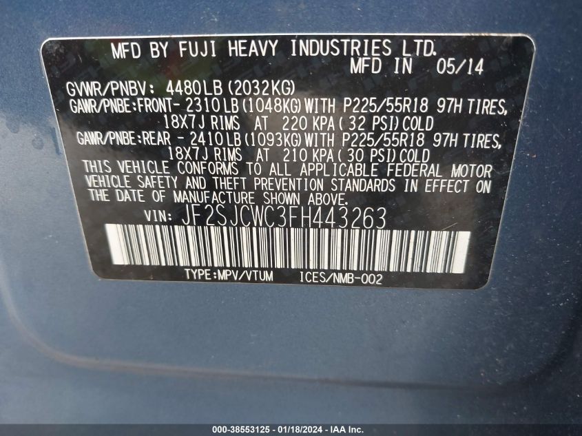 2015 SUBARU FORESTER 2.5I TOURING - JF2SJCWC3FH443263