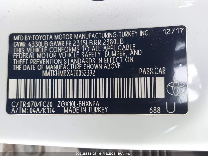 2018 TOYOTA C-HR XLE/XLE PREMIUM - NMTKHMBX4JR052392