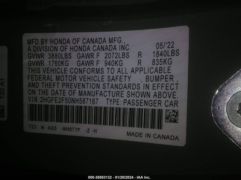 2022 HONDA CIVIC SPORT - 2HGFE2F50NH587167