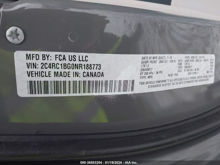 2022 CHRYSLER PACIFICA TOURING L - 2C4RC1BG0NR188773