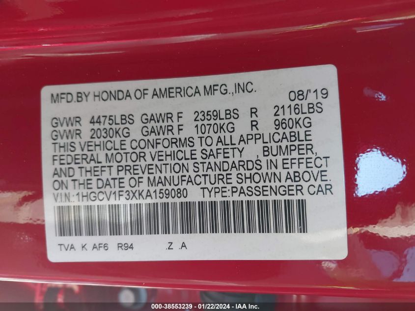 2019 HONDA ACCORD SPORT - 1HGCV1F3XKA159080