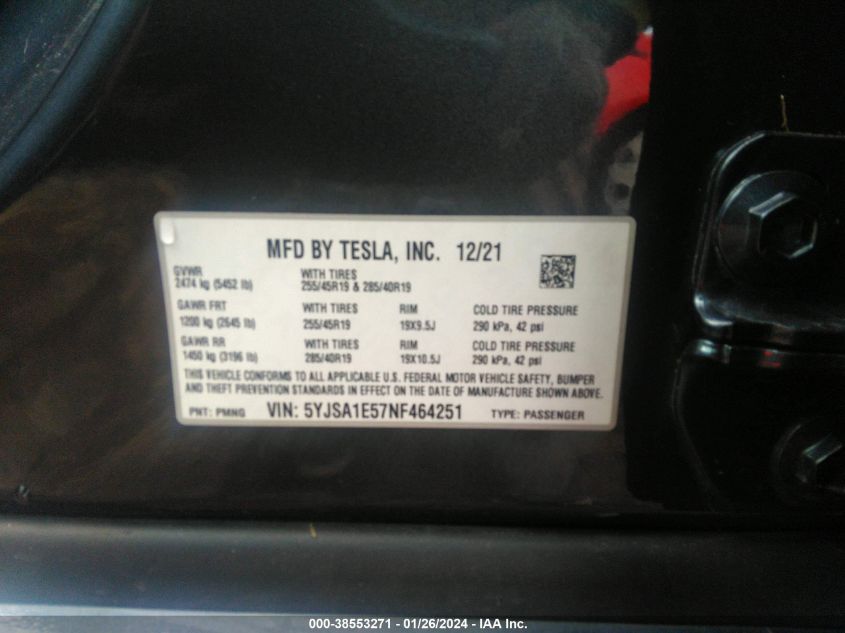 2022 TESLA MODEL S DUAL MOTOR ALL-WHEEL DRIVE - 5YJSA1E57NF464251