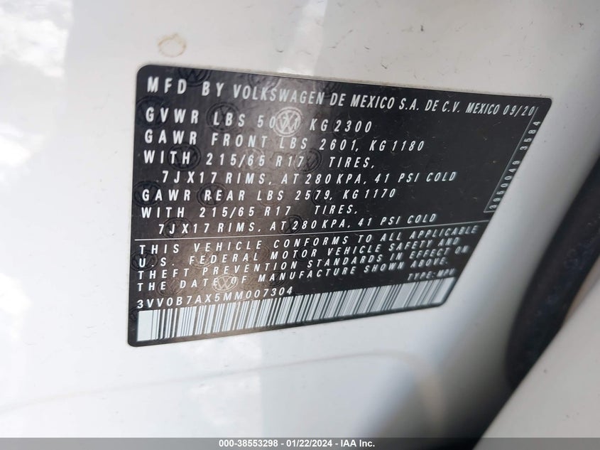 VIN 3VV0B7AX5MM007304 2021 VOLKSWAGEN TIGUAN 2.0T S