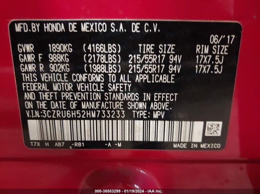2017 HONDA HR-V EX - 3CZRU6H52HM733233
