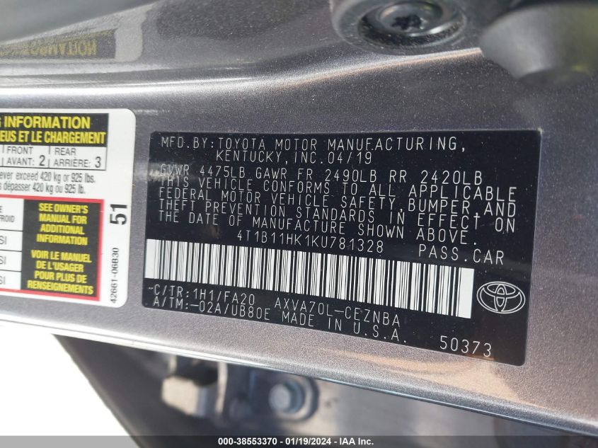 2019 TOYOTA CAMRY L/LE/XLE/SE/XSE - 4T1B11HK1KU781328