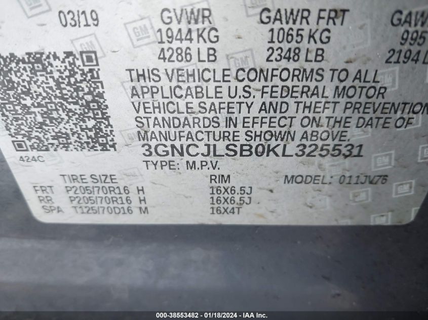 2019 CHEVROLET TRAX LT - 3GNCJLSB0KL325531