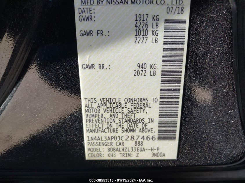 2018 NISSAN ALTIMA 2.5/S/SV/SL/SR - 1N4AL3AP0JC287466