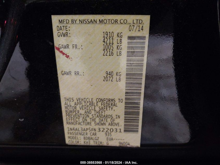 2015 NISSAN ALTIMA 2.5/2.5 S/2.5 SL/2.5 SV - 1N4AL3AP5FN322031