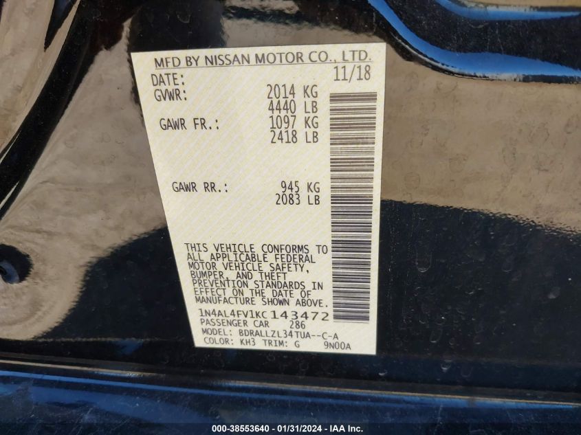 2019 NISSAN ALTIMA EDITION ONE - 1N4AL4FV1KC143472