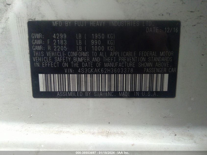 2017 SUBARU IMPREZA 2.0I SPORT - 4S3GKAK62H3603378