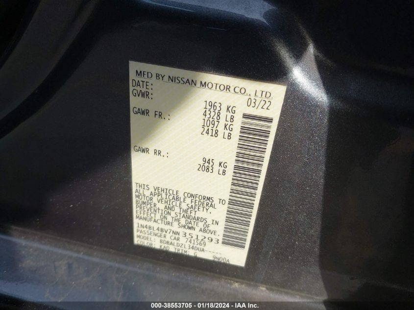 2022 NISSAN ALTIMA S FWD - 1N4BL4BV7NN351293