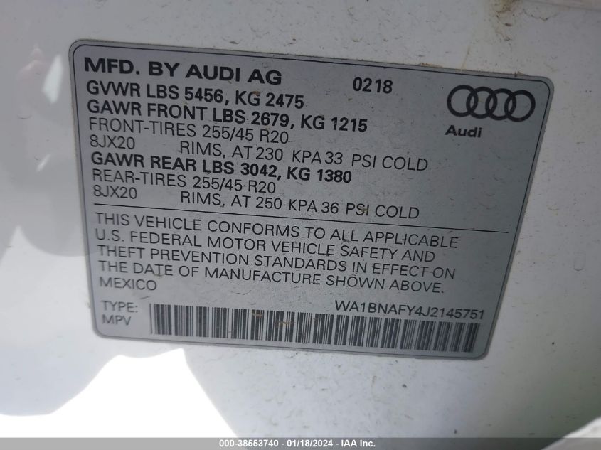 2018 AUDI Q5 2.0T PREMIUM/2.0T TECH PREMIUM - WA1BNAFY4J2145751