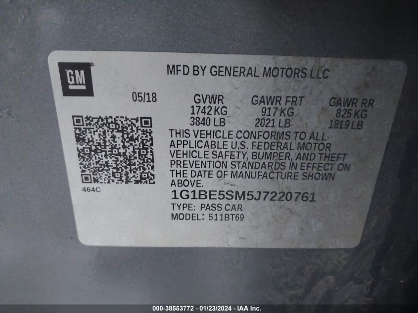 2018 CHEVROLET CRUZE LT AUTO - 1G1BE5SM5J7220761